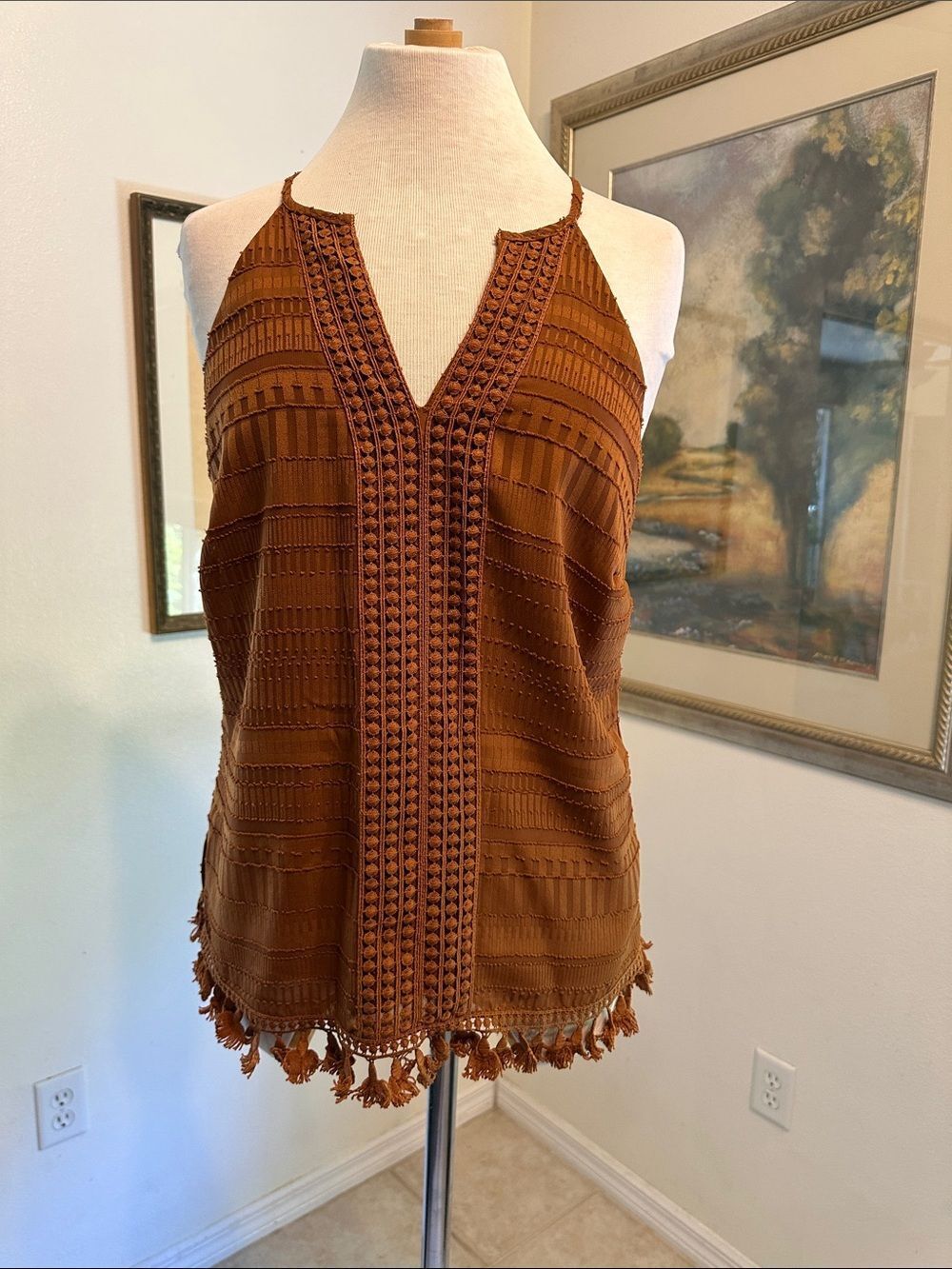 New York & Co Rust Brown Crochet Trim Fringe Tassel Boho Top Size Small